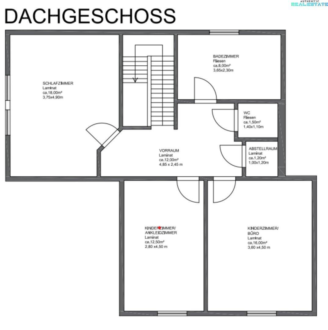 Grundriss des Dachgeschosses mit Schlafzimmer, Bad und Kinderzimmern.