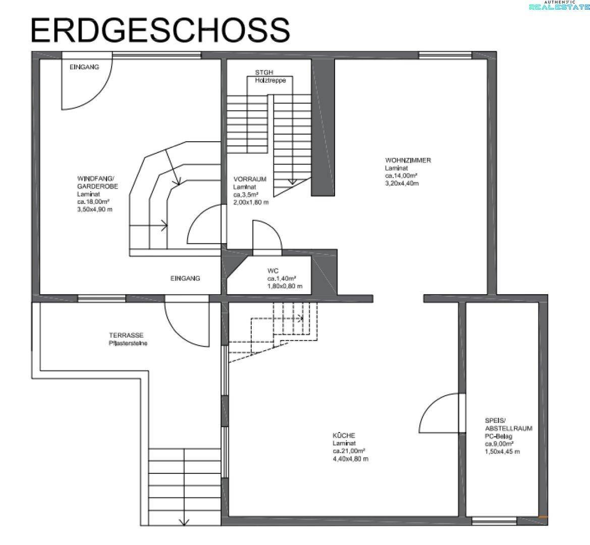 Grundriss des Erdgeschosses mit Eingang, Wohnzimmer, Küche und Terrasse.