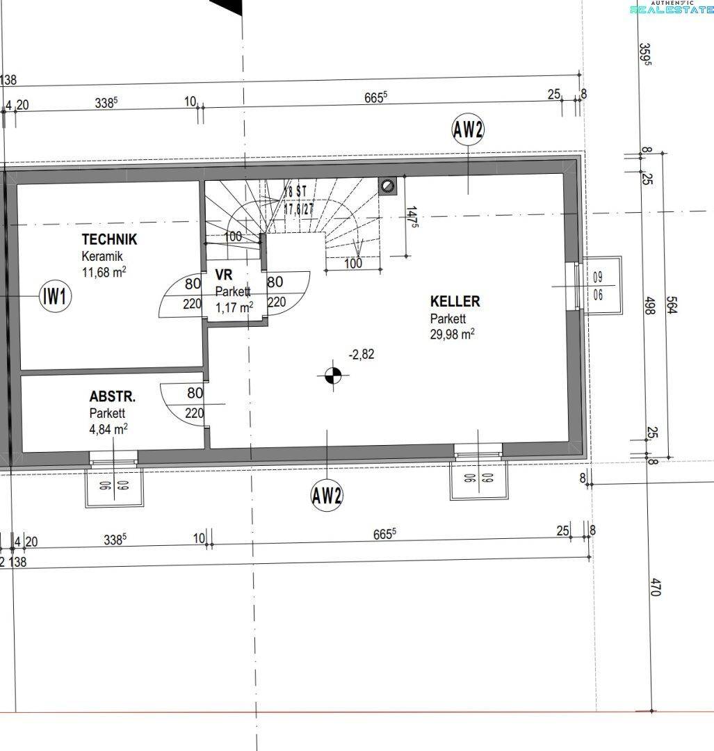 Grundriss des Kellergeschosses mit Technikraum, Vorraum und Abstellraum.
