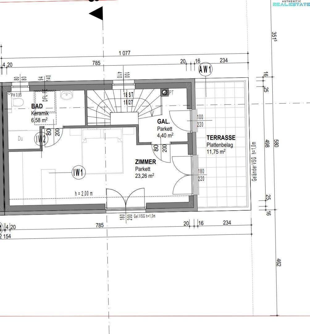 Grundriss des Dachgeschosses mit Zimmer, Galerie, Bad und Dachterrasse.