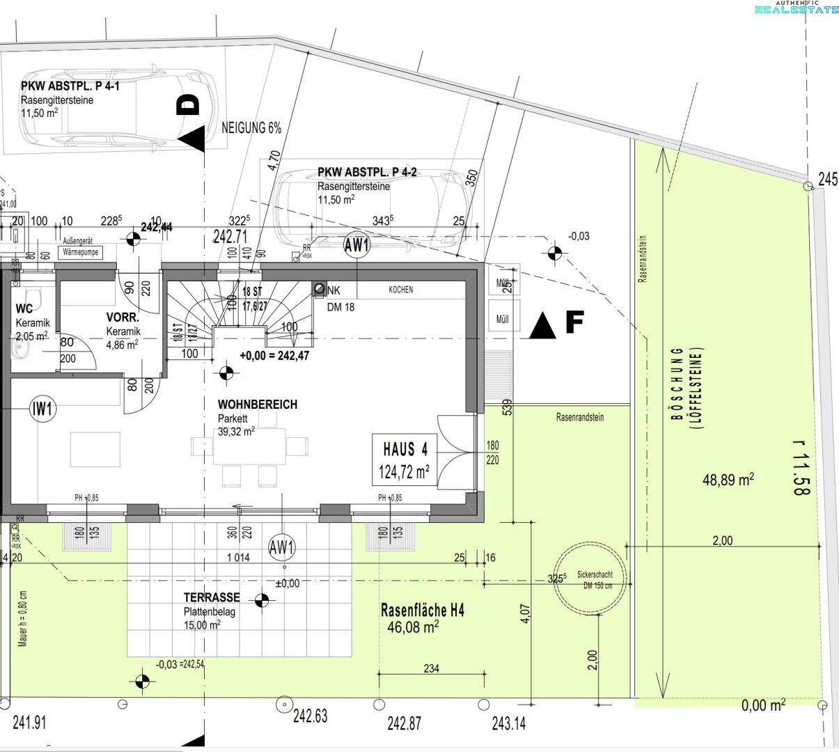 Grundriss des Erdgeschosses mit offenem Wohnbereich, Küche, Terrasse und Garten.
