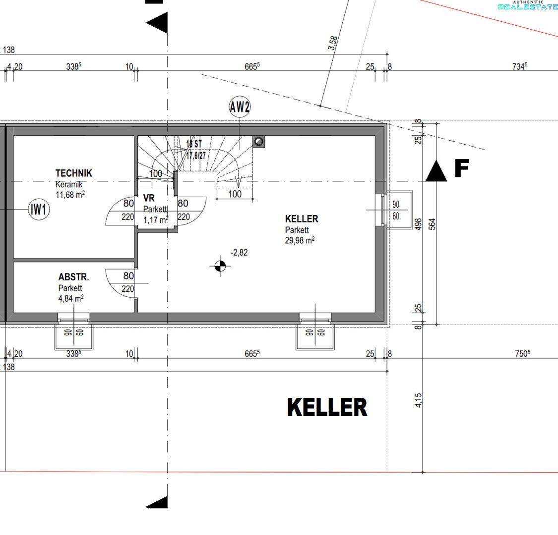 Grundriss des Kellergeschosses mit Technikraum, Abstellraum und großem Kellerbereich.