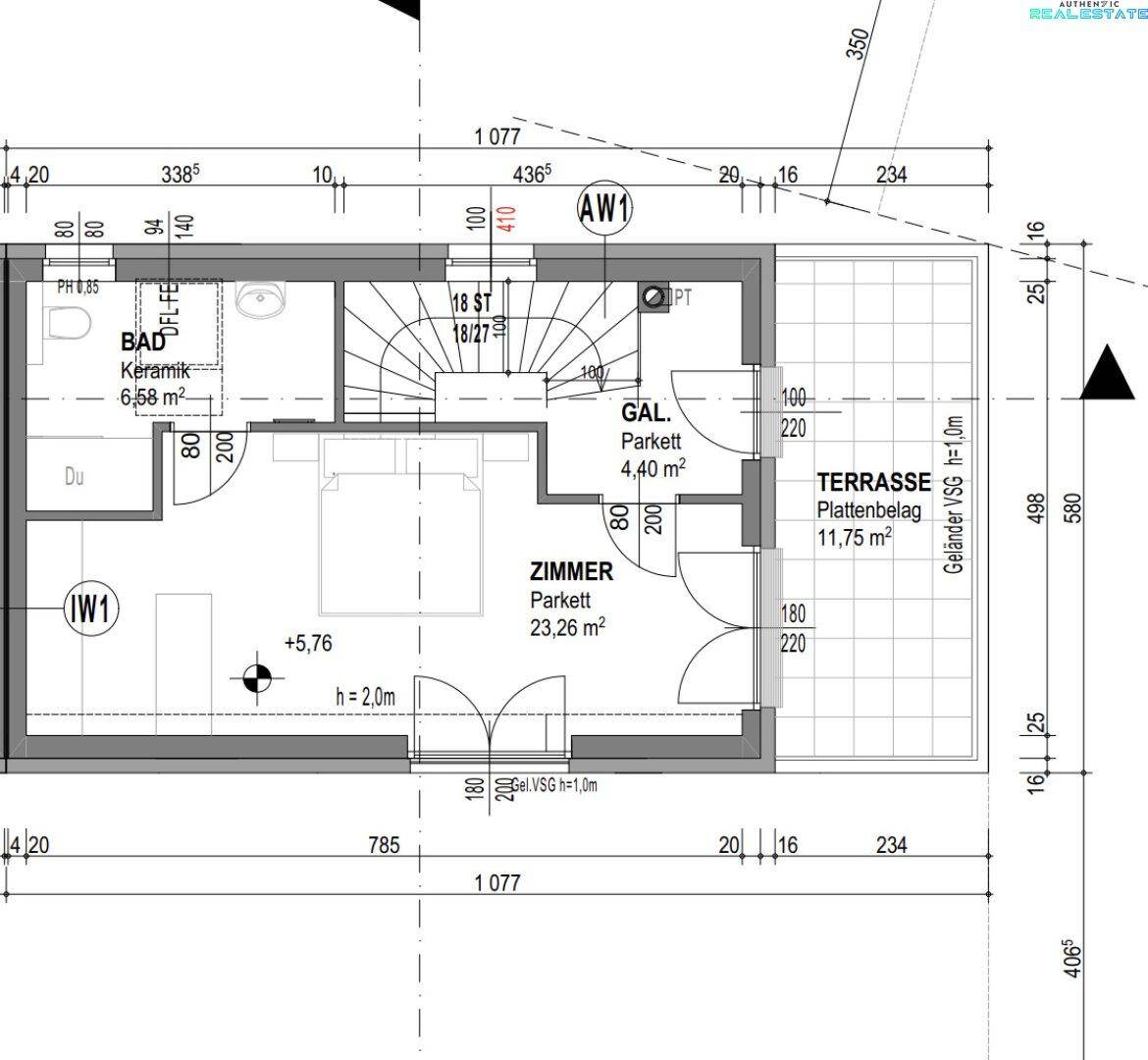 Grundriss des Dachgeschosses mit Schlafzimmer, Bad, Galerie und großer Terrasse.