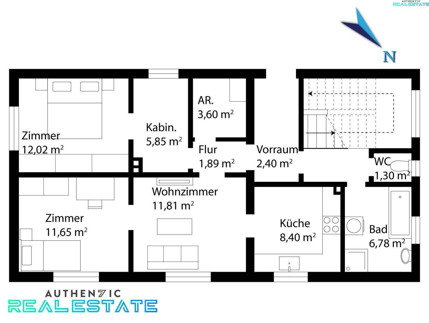 Grundriss des Erdgeschosses mit Wohnzimmer, Küche, Bad, WC und zwei weiteren Zimmern.