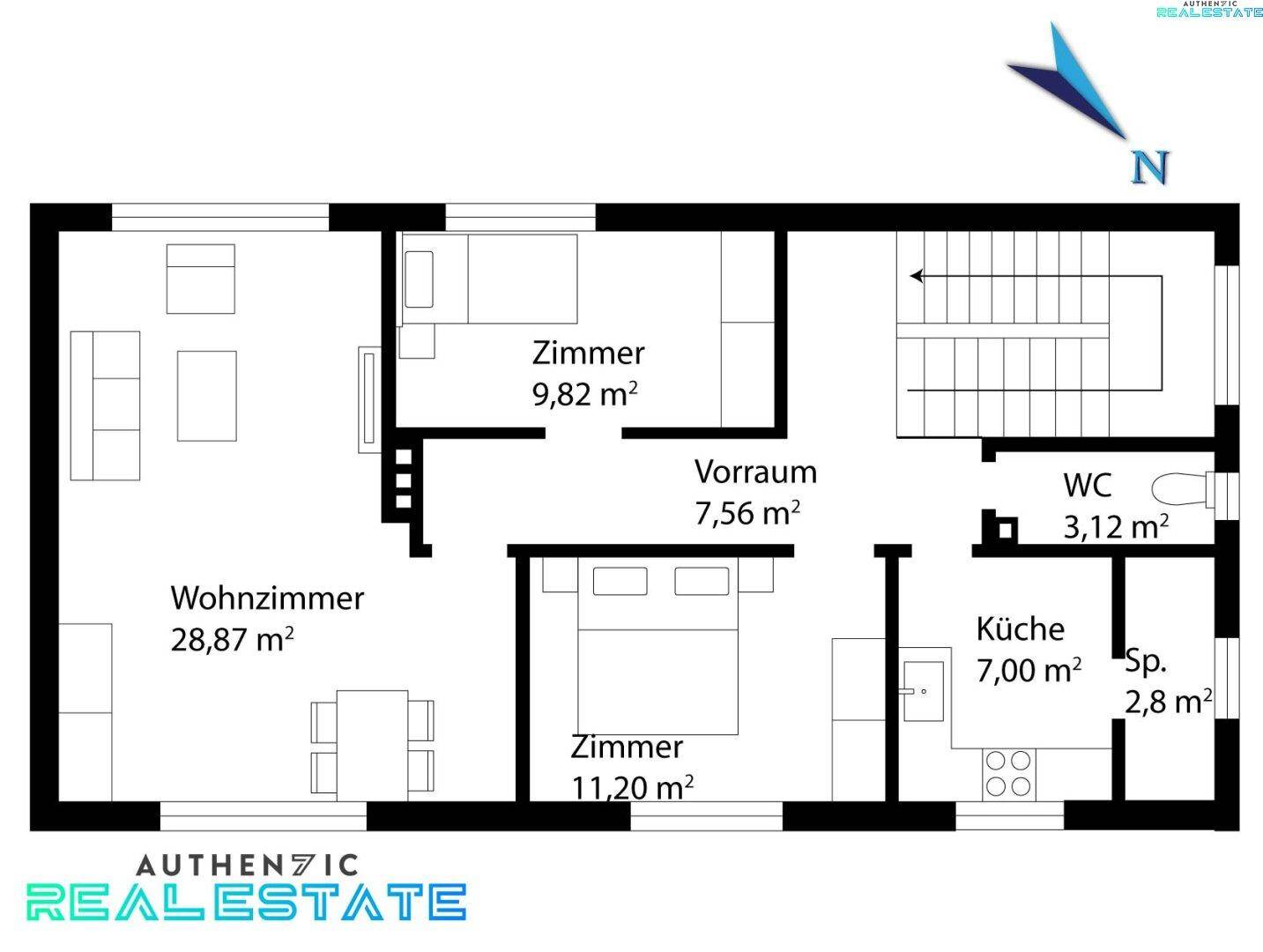 Grundriss des Obergeschosses mit einem großen Wohnzimmer, zwei Schlafzimmern, Küche und WC.