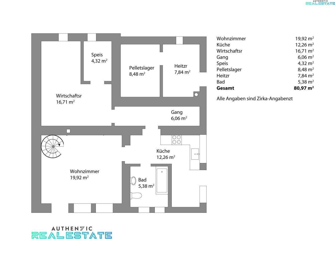 Grundriss des Erdgeschosses mit Wohnzimmer, Küche und weiteren Funktionsräumen.