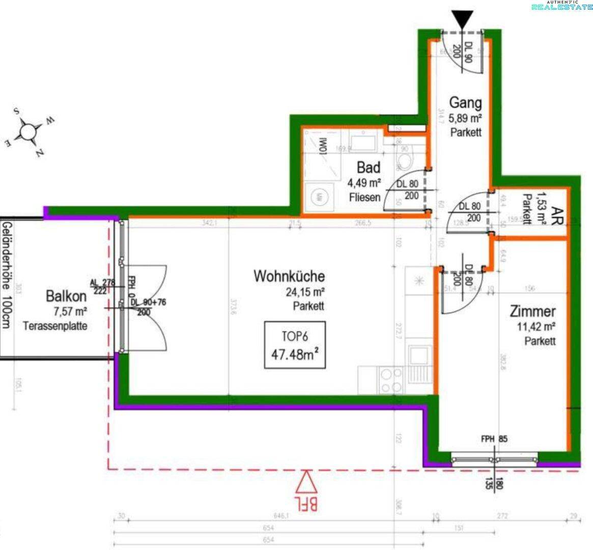 Grundriss der Wohnung TOP6 mit Wohnküche, Zimmer, Bad und Balkon.