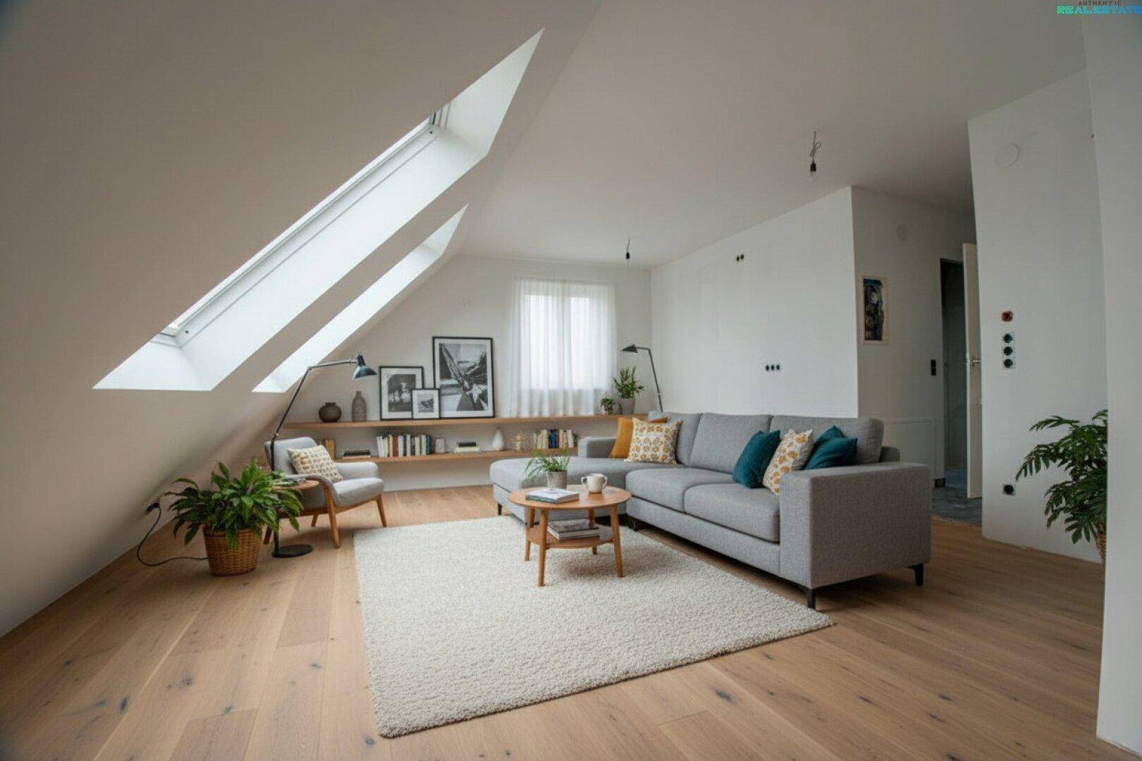Gemütliches Wohnzimmer im Dachgeschoss mit Holzboden, Dachfenstern und moderner Einrichtung, sehr hell.