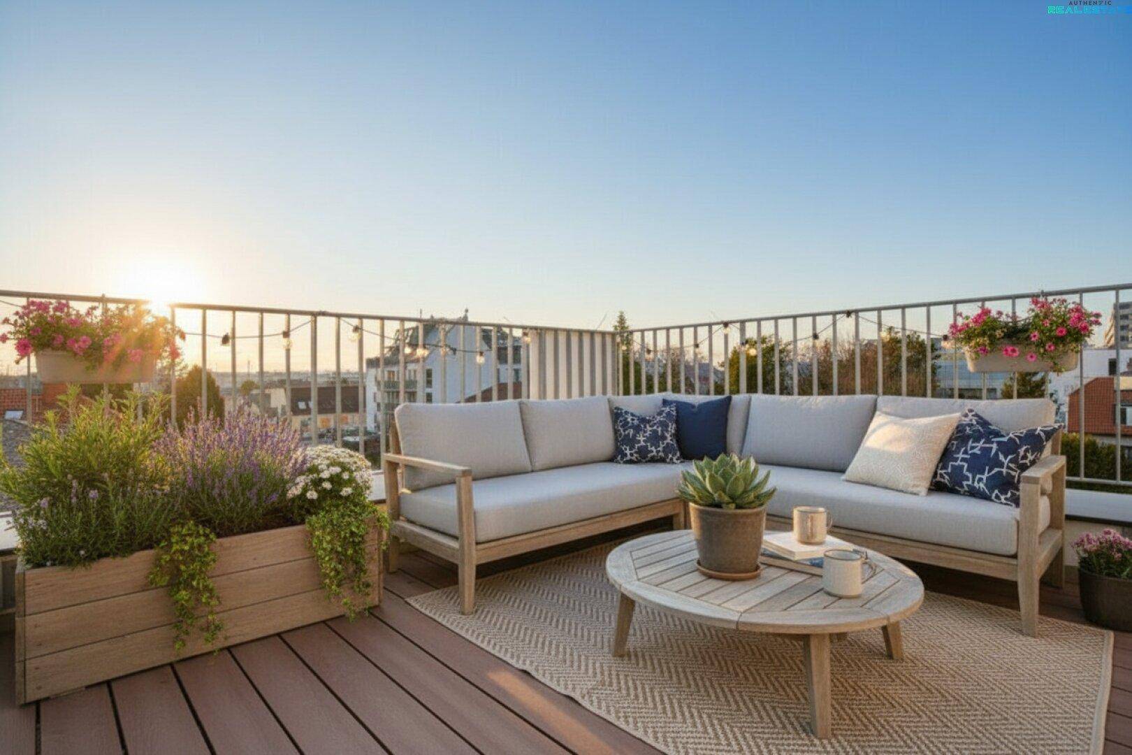 Möblierte Dachterrasse mit bequemen Loungemöbeln, Pflanzen und Blick auf die Stadt bei Sonnenuntergang.