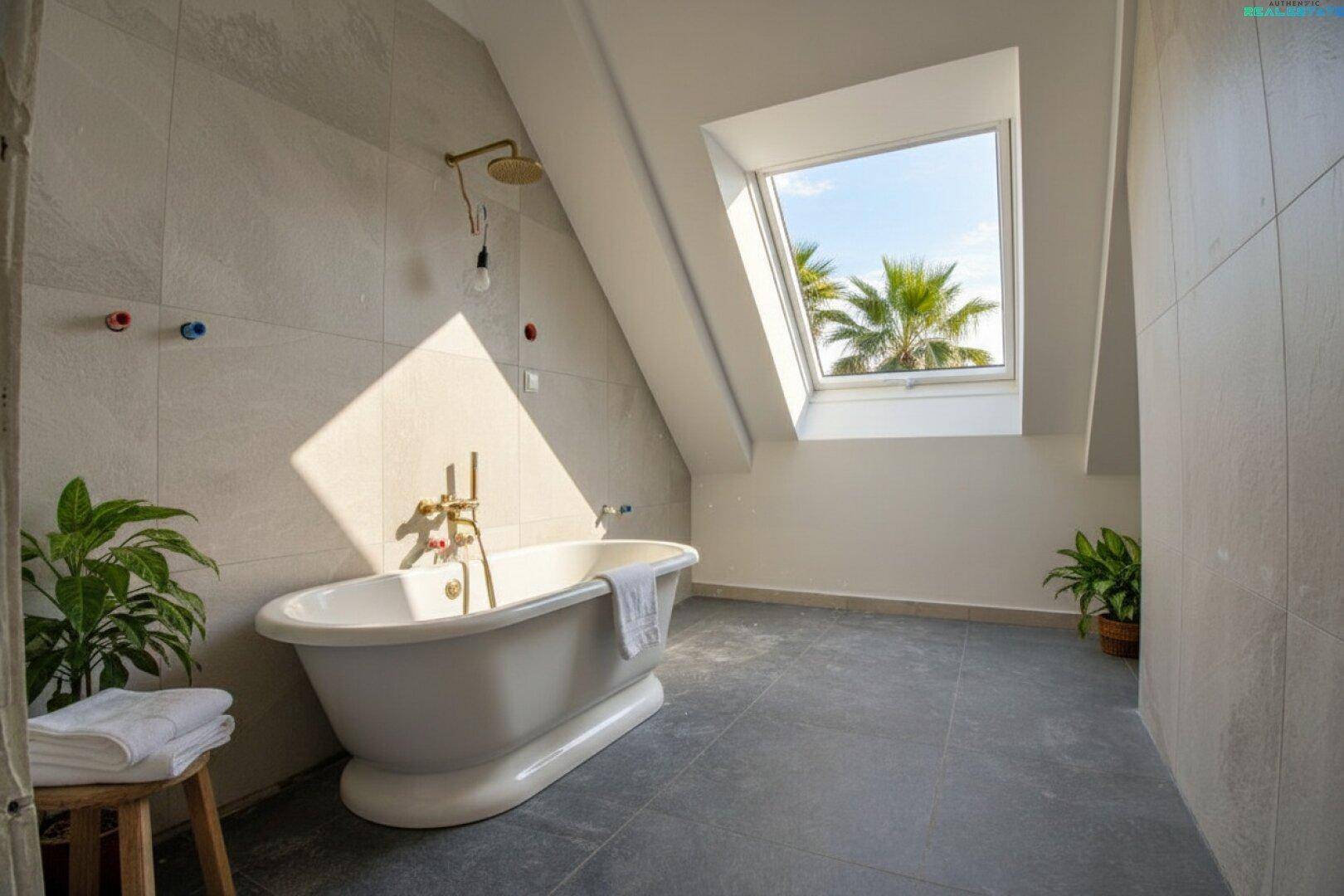 Helles Badezimmer im Dachgeschoss mit freistehender Badewanne und Dachfenster, bietet Blick auf Palmen.