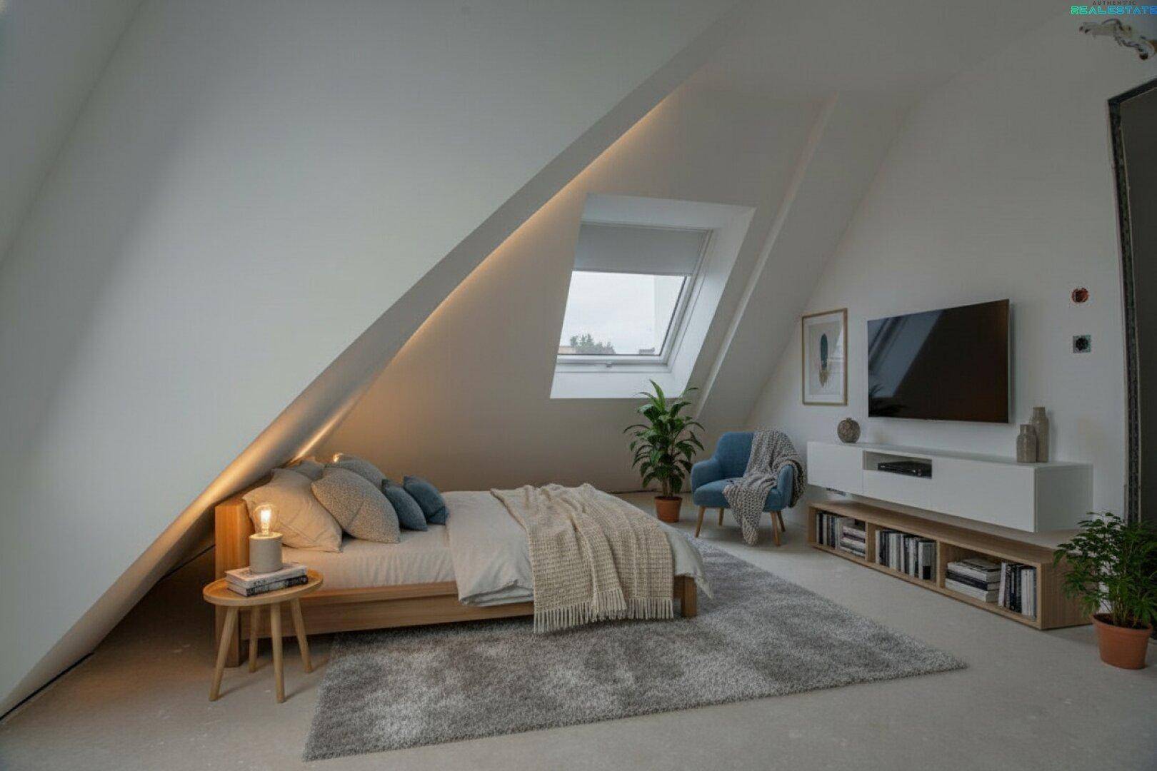 Modernes Schlafzimmer im Dachgeschoss mit Holzbett, Dachfenster und indirekter Beleuchtung für gemütliche Atmosphäre.