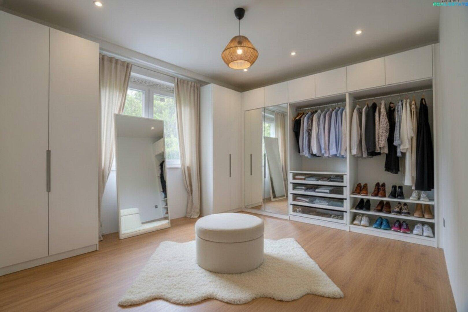 Geräumiges Schlafzimmer mit Einbauschränken, Holzboden und großem Spiegel, ideal als Ankleidezimmer.