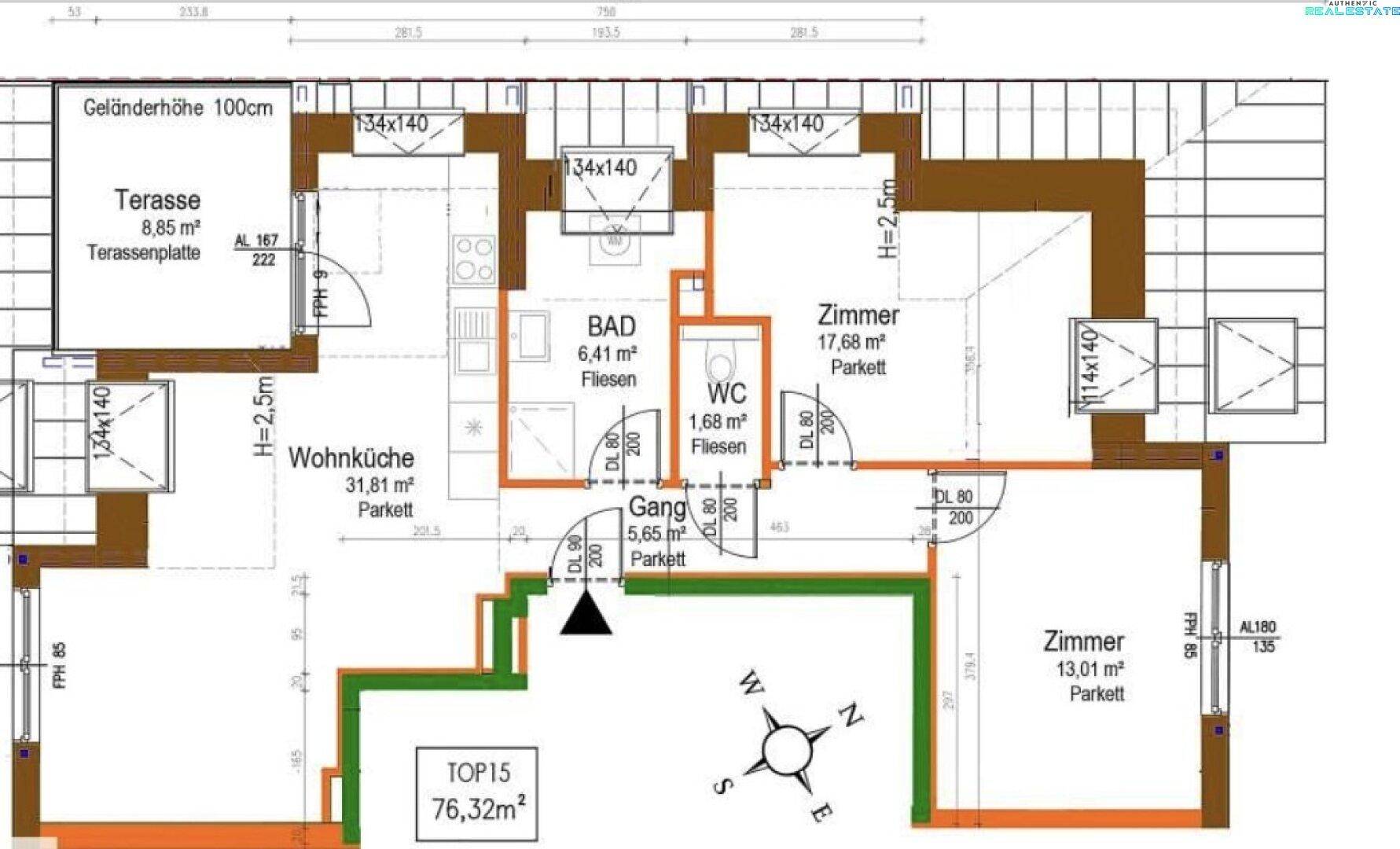 Grundriss der Wohnung TOP15 mit 76,32m², zeigt Wohnküche, Bad, WC und eine großzügige Terrasse.