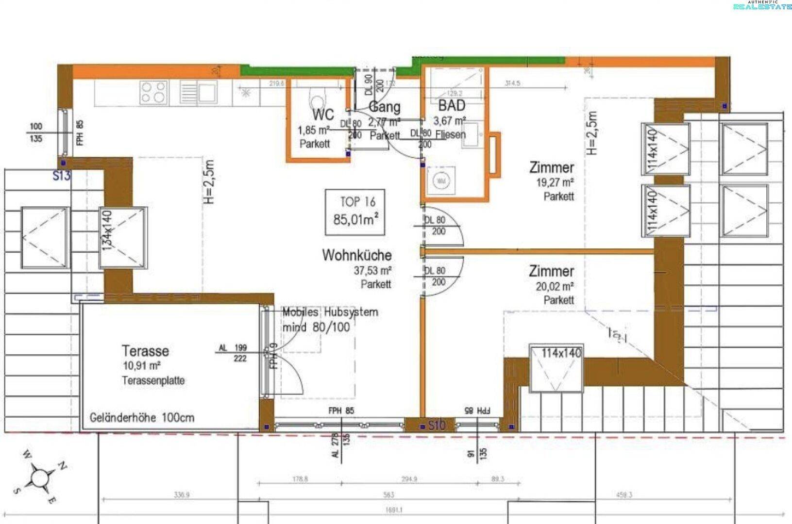Grundriss der Wohnung Top 16 mit 85,01m², Wohnküche, zwei Zimmern und Terrasse.