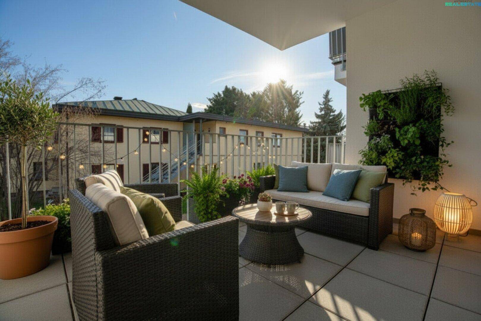 Gemütlicher, möblierter Balkon mit Sitzgelegenheiten, Pflanzen und vertikalem Garten unter der Sonne.