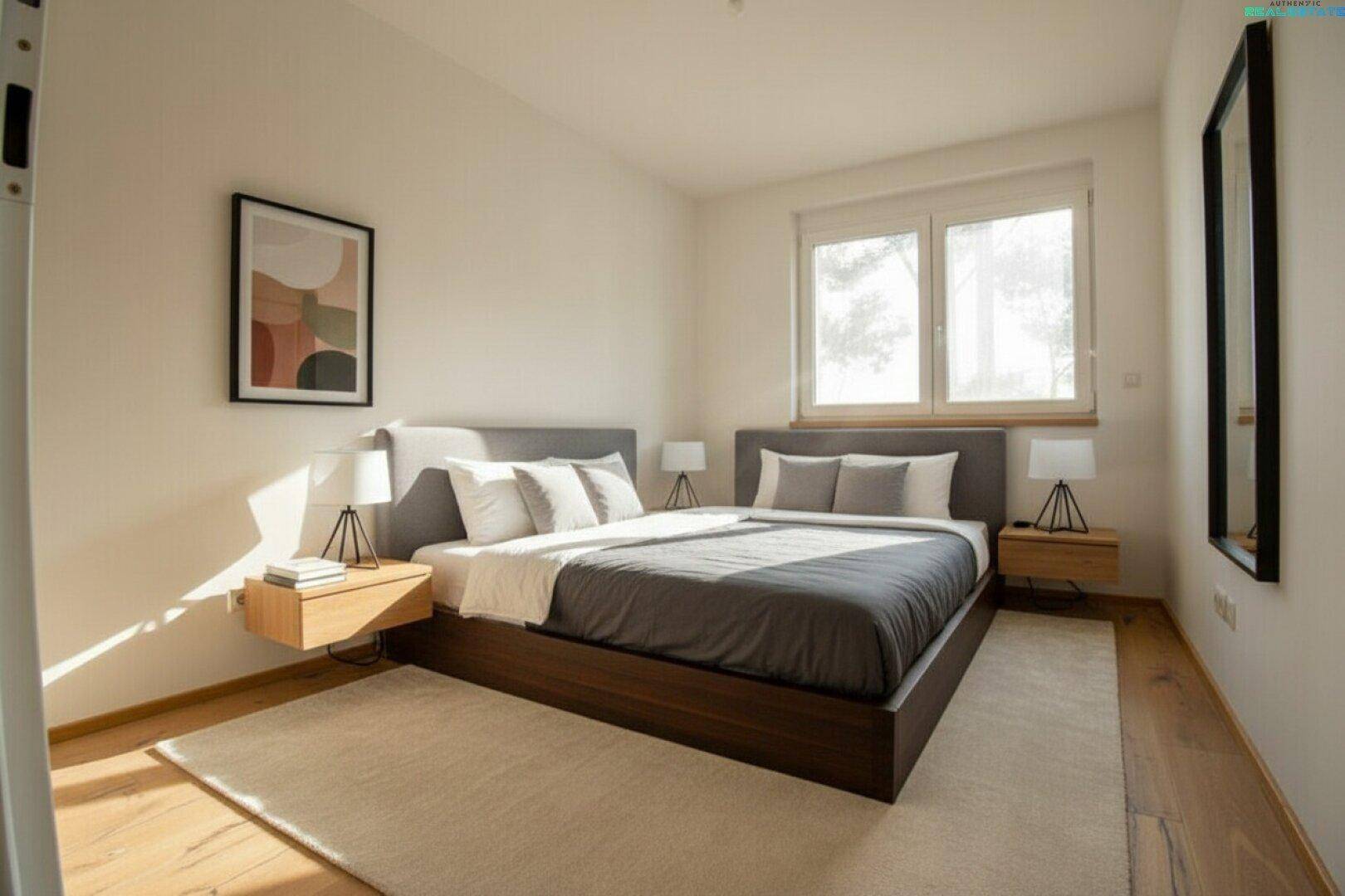 Modern eingerichtetes Schlafzimmer mit Holzboden, großem Bett und Fenster, das Tageslicht hereinlässt.