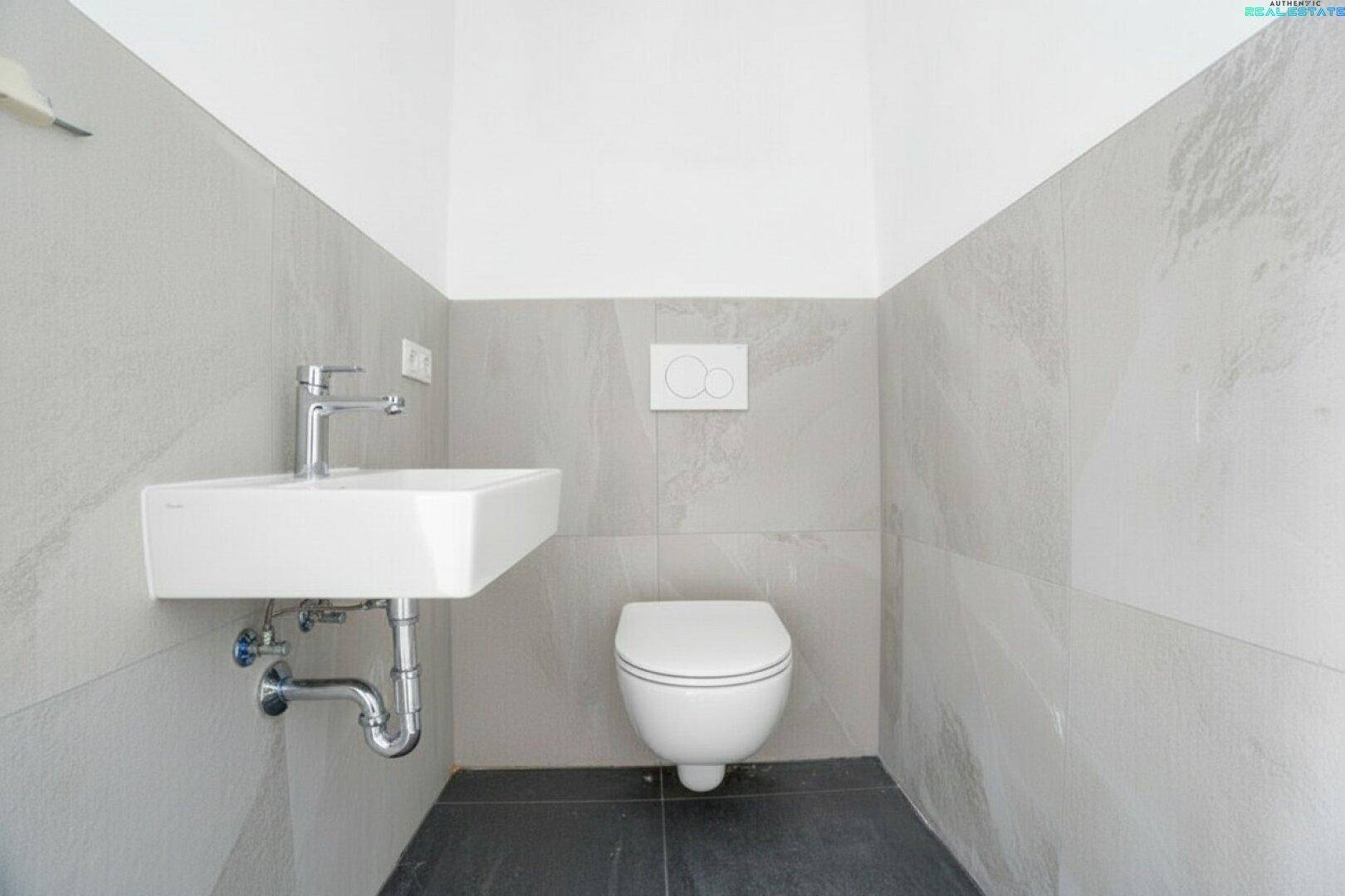 Modernes Gäste-WC mit grauen Fliesen, wandhängendem WC und einem stilvollen Waschbecken.