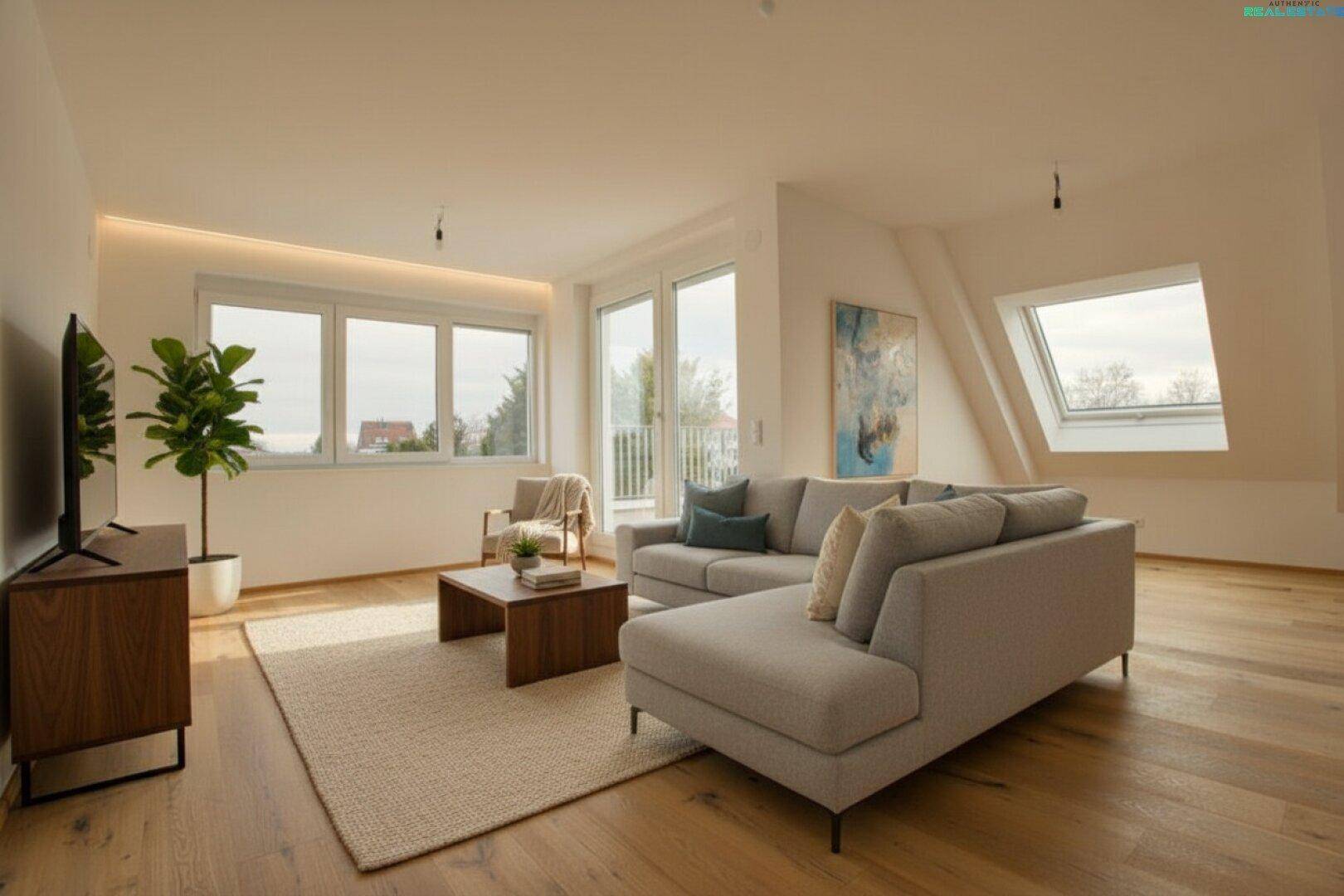 Modern eingerichtetes Wohnzimmer im Dachgeschoss mit Holzboden, großen Fenstern und Balkonzugang.