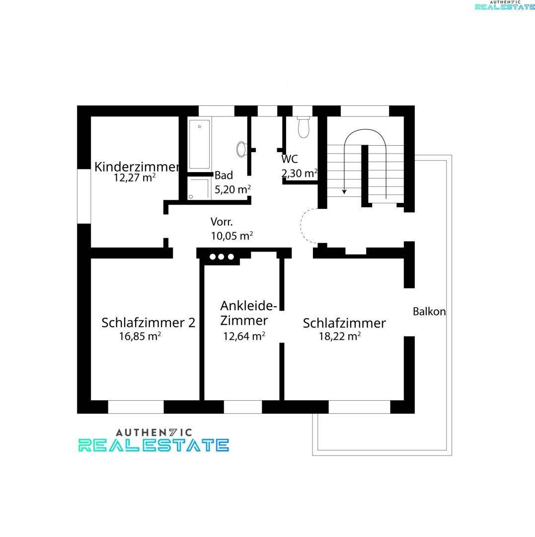 Grundriss des Obergeschosses mit Kinderzimmer, zwei Schlafzimmern, Ankleidezimmer und Balkon.