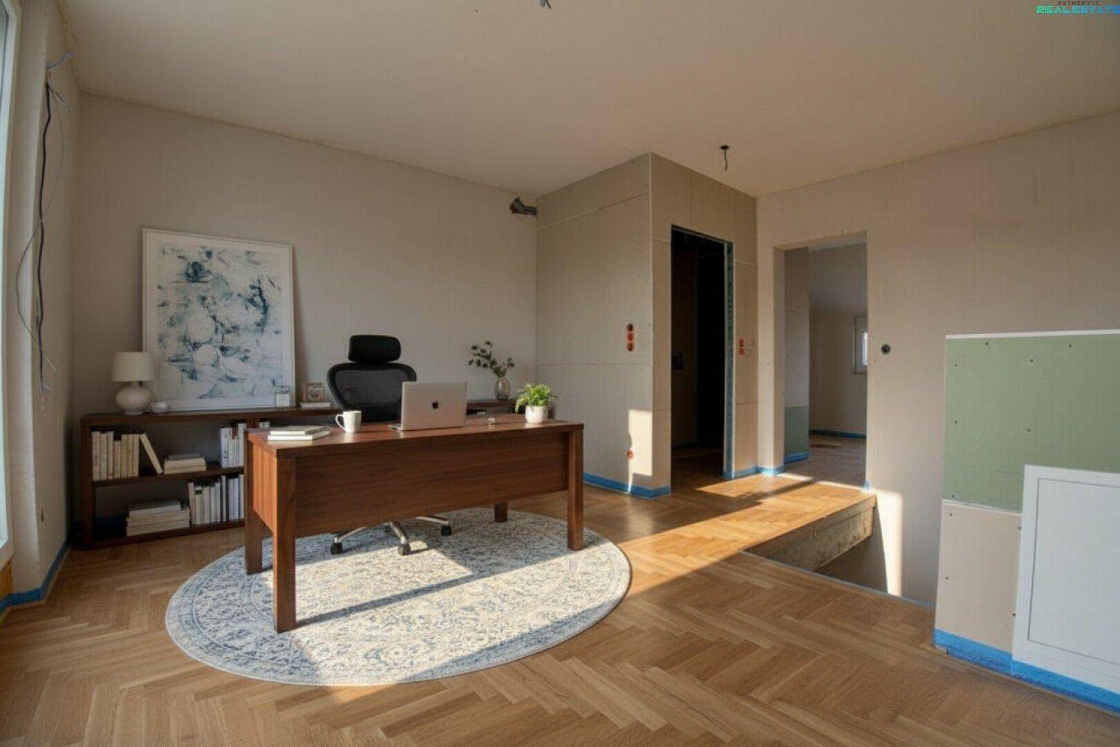 Modernes Büro mit Holzboden, Schreibtisch, Bürostuhl und Bücherregal, ideal für Home-Office.