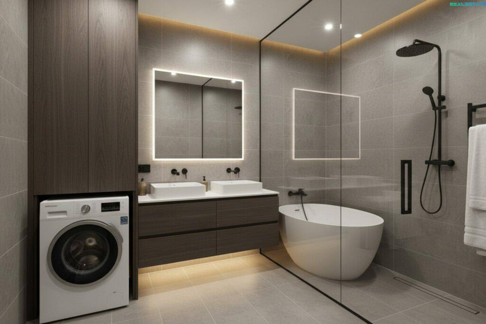 Luxuriöses Badezimmer mit Doppelwaschbecken, freistehender Badewanne und Regendusche.