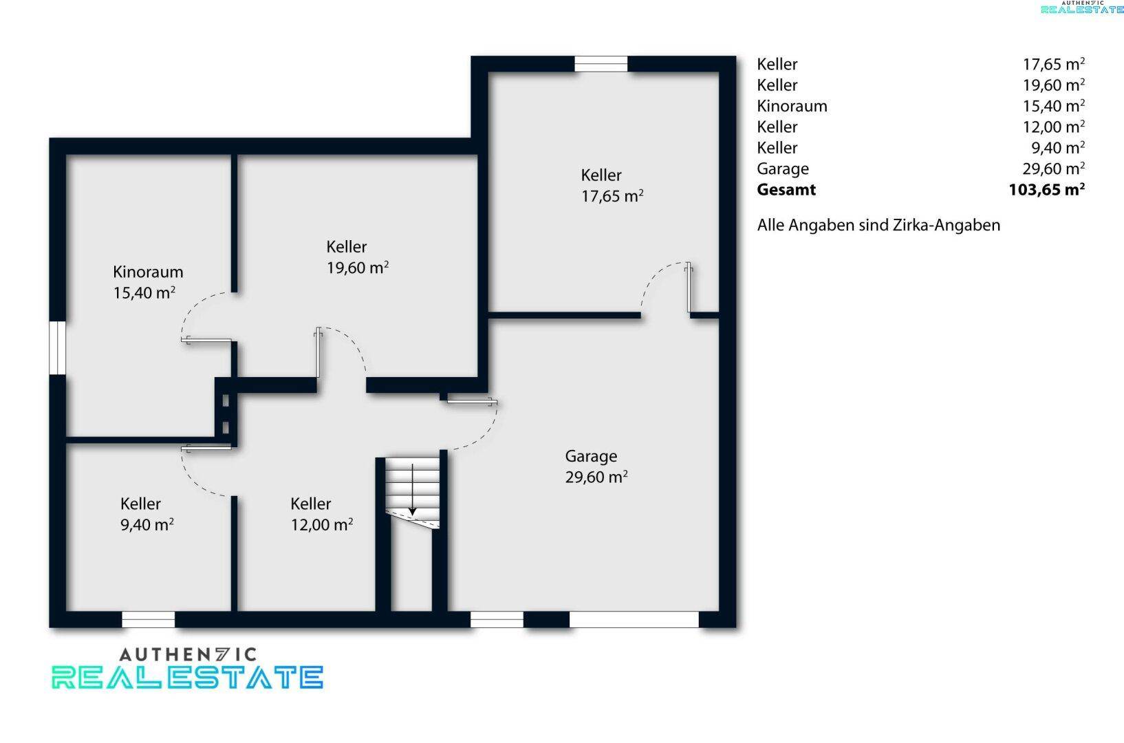 Grundriss des Untergeschosses mit mehreren Kellerräumen, einem Kinoraum und einer großen Garage.