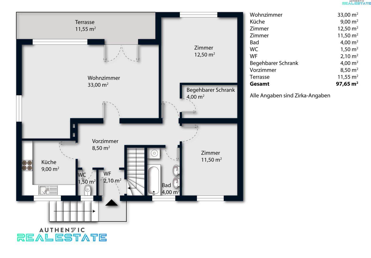 Grundriss des Erdgeschosses mit Wohnzimmer, Küche, Schlafzimmern, Bad und einer großen Terrasse.