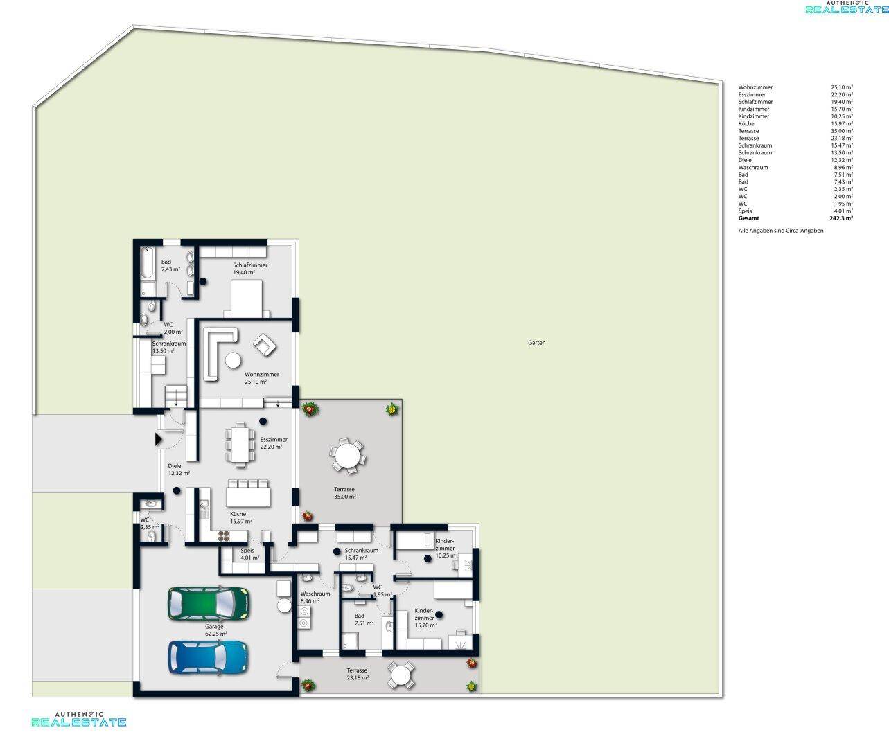 Detaillierter Grundriss eines Hauses mit mehreren Schlafzimmern, Bädern, Terrassen und integrierter Garage.