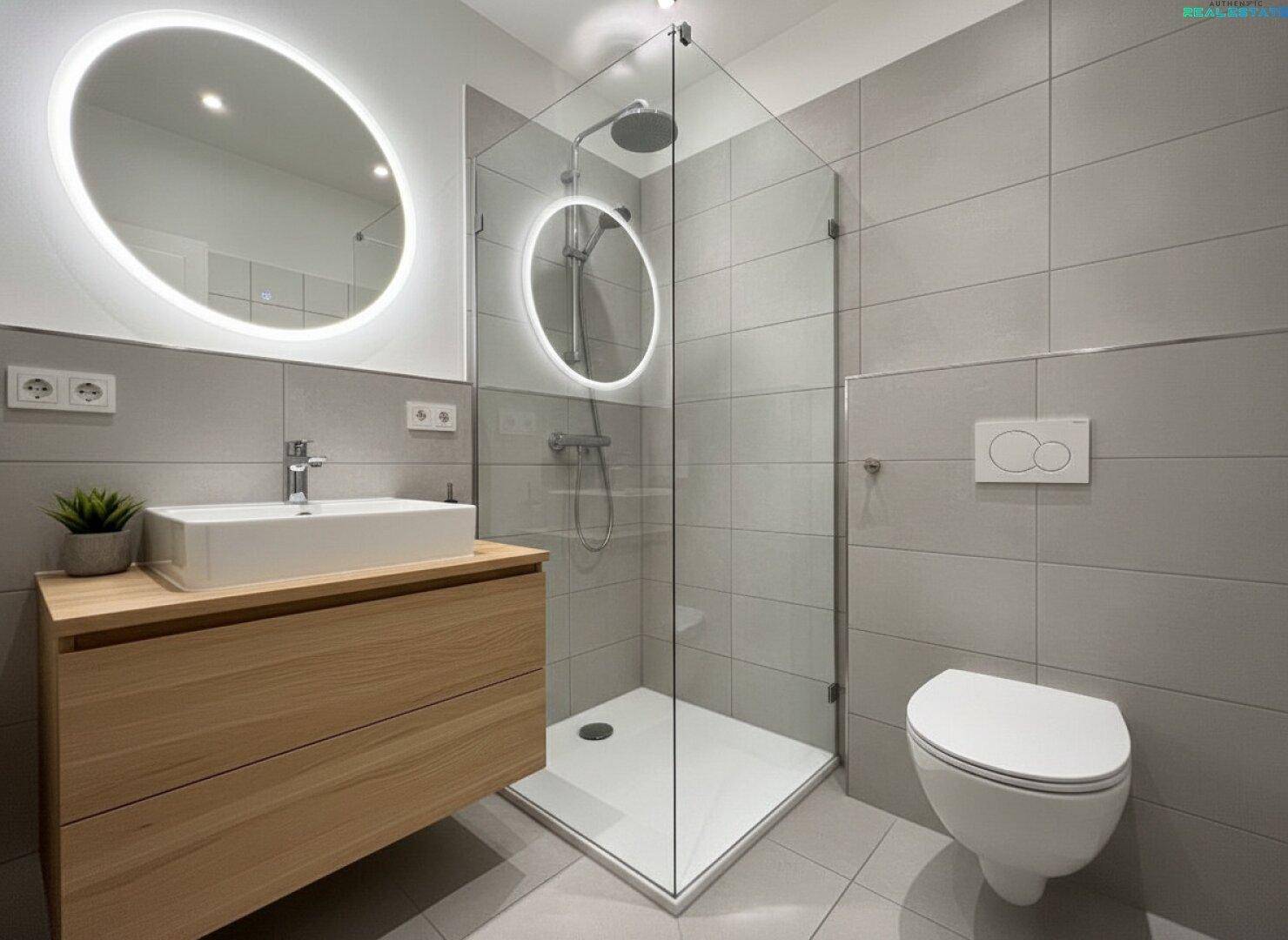 Modernes Badezimmer mit grauen Fliesen, beleuchtetem Spiegel und ebenerdiger Dusche.