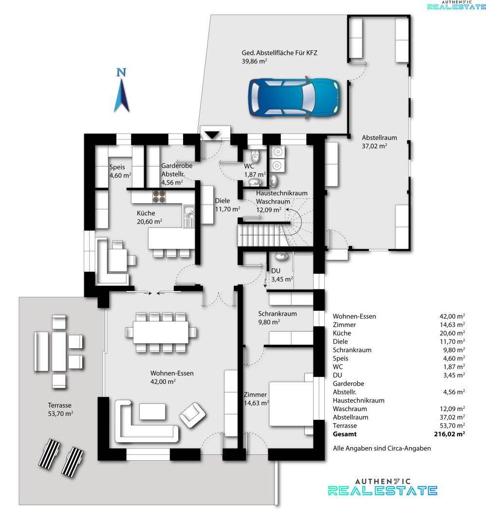 Grundriss des Erdgeschosses mit Wohn-Essbereich, Küche, Terrasse und Garage.