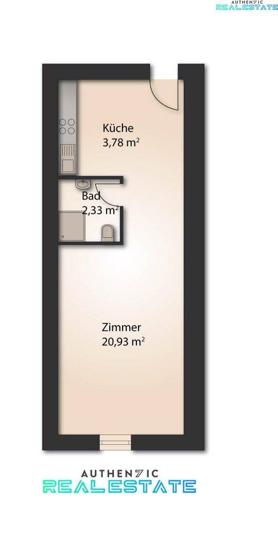 Grundriss einer kleinen Wohnung mit separater Küche, Bad und einem Zimmer.