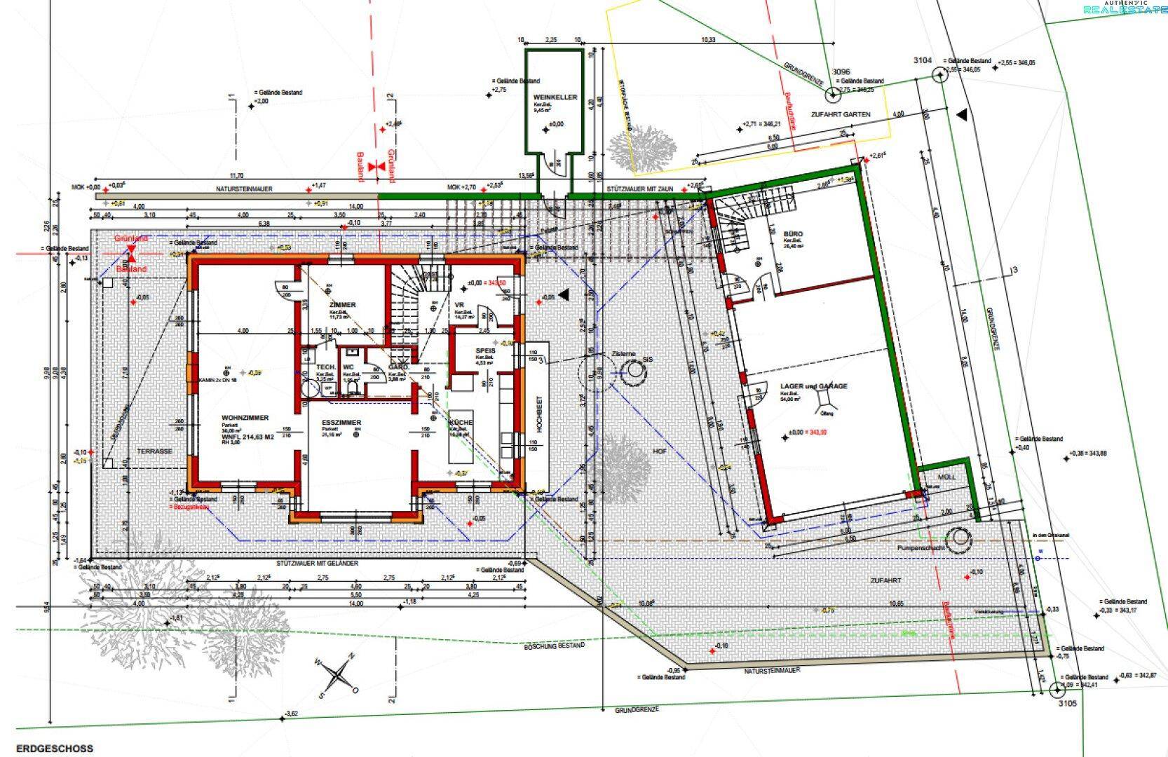 Grundriss des Erdgeschosses mit Wohnzimmer, Essbereich, Terrasse und Garage.