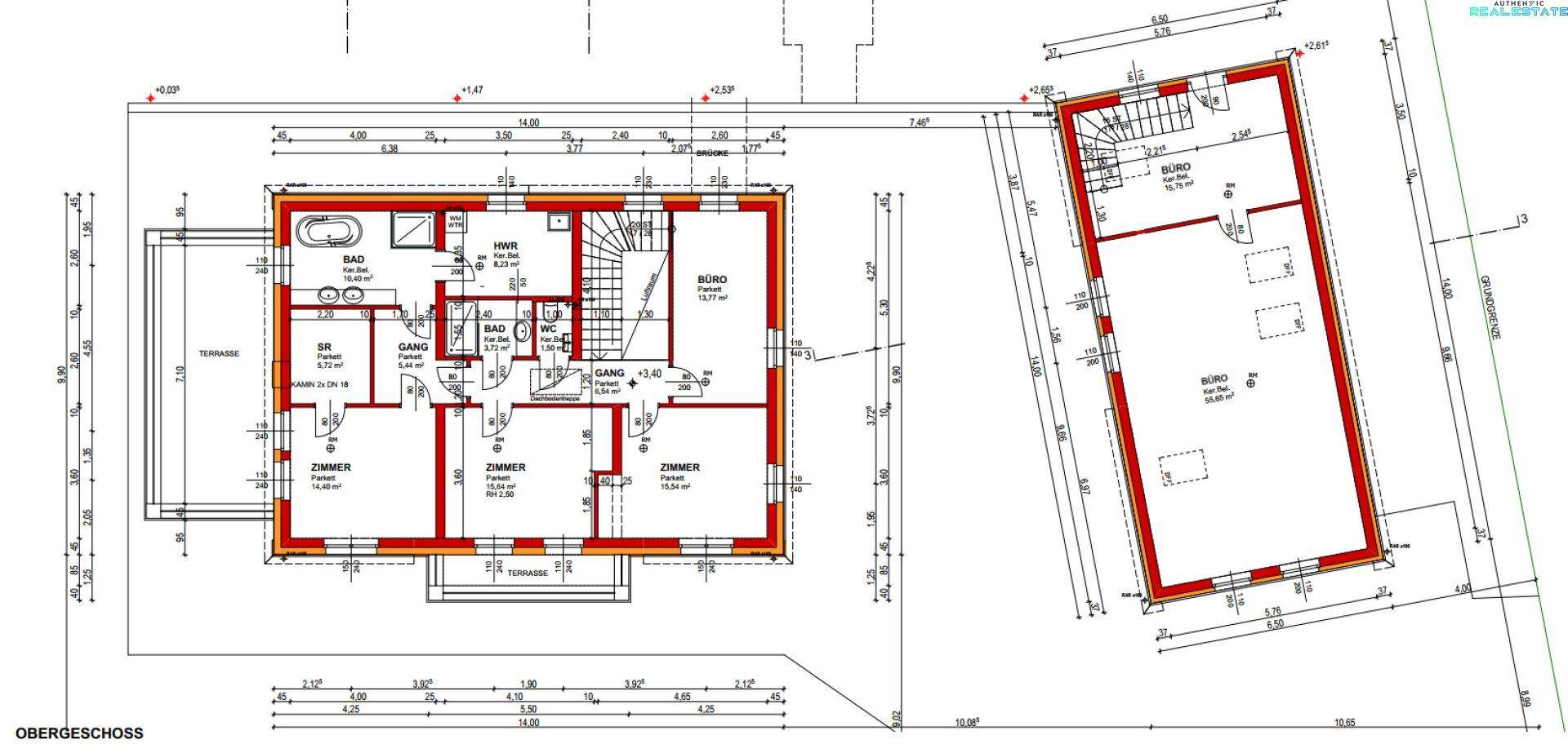 Grundriss des Obergeschosses mit Schlafzimmern, Bädern, Büro und Balkon.