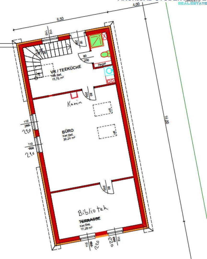 Grundriss des Untergeschosses mit Büro, Teeküche, Weinkeller und Terrasse.