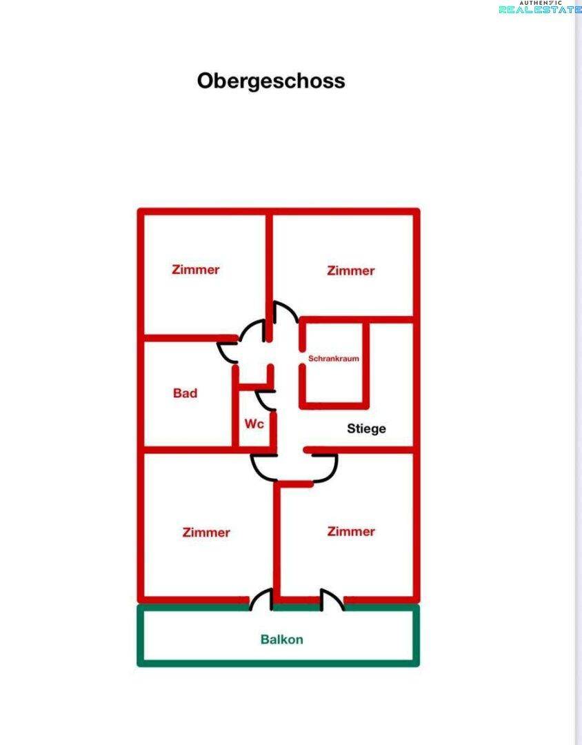 Grundriss des Obergeschosses mit mehreren Zimmern, Bad, WC und Balkon.
