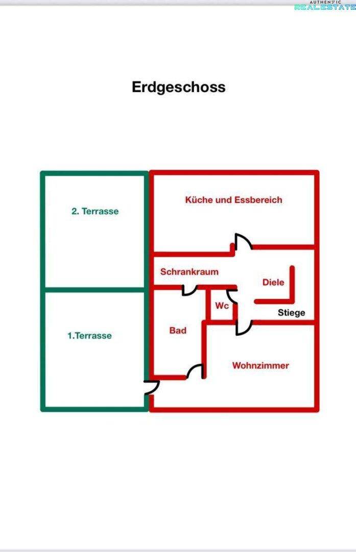 Grundriss des Erdgeschosses mit Küche, Essbereich, Wohnzimmer und Terrassen.