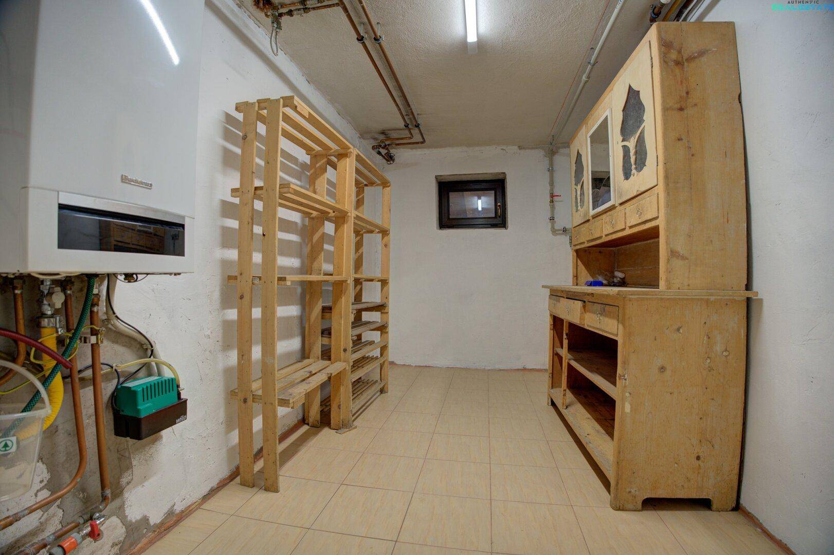 Hauswirtschaftsraum im Keller mit Regalen und Heizungsanlage.