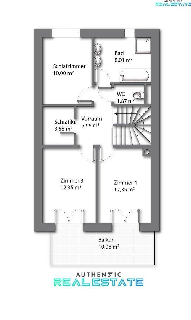 Grundriss des Obergeschosses mit drei Schlafzimmern, Bad, separatem WC und Balkonzugang.