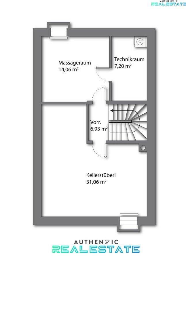 Grundriss des Kellergeschosses mit Massageraum, Technikraum und großem Kellerstüberl.