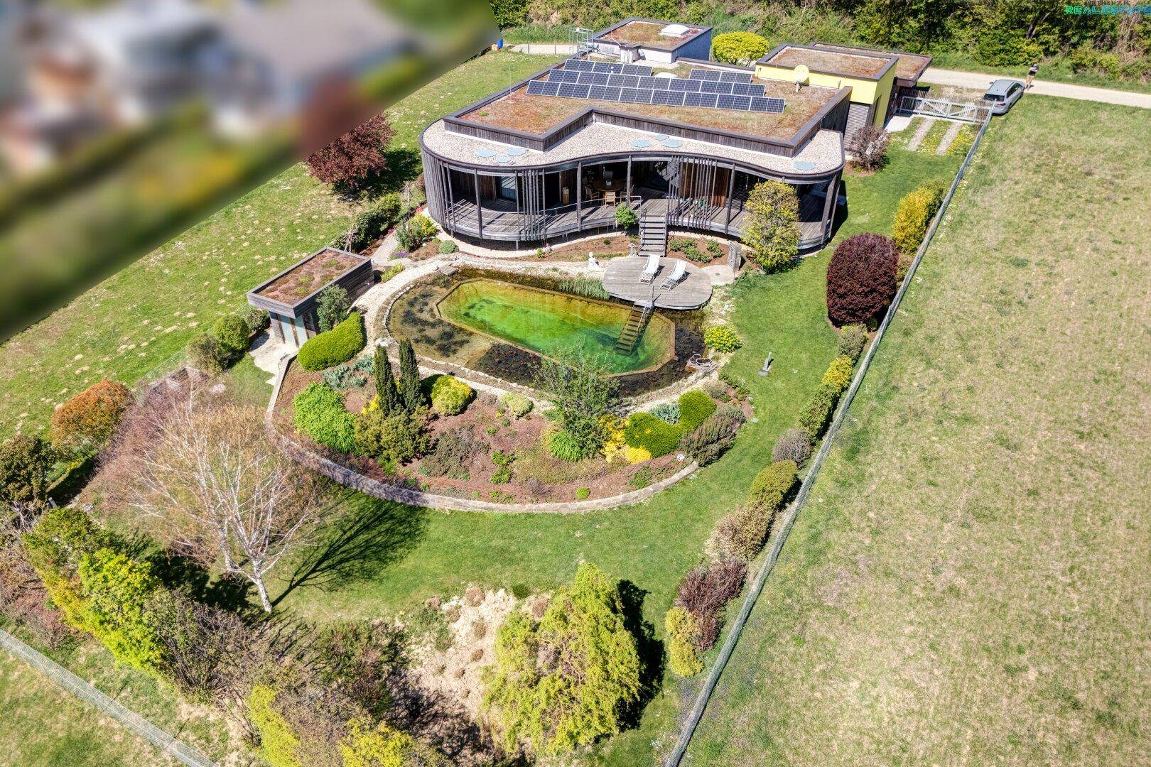 Panoramablick auf das moderne Wohnhaus mit Gründach, Solaranlage und großem Naturpool umgeben von grüner Landschaft.