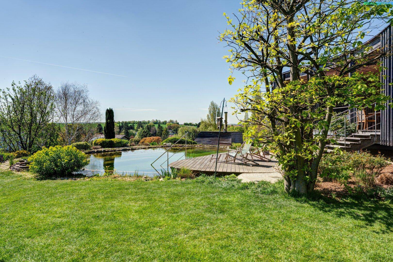 Idyllischer Gartenbereich mit Naturpool, Holzdeck und Liegestühlen unter einem Baum.