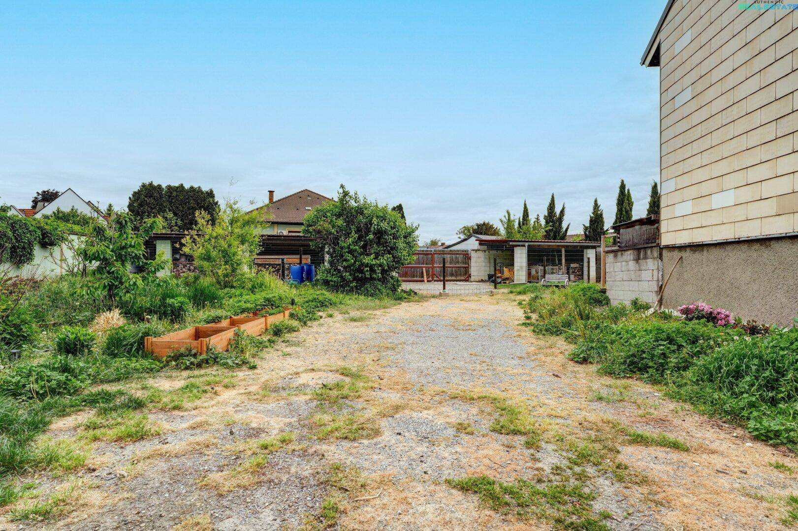 Außenbereich mit Schotterweg, üppiger Vegetation und Hochbeeten im Garten.