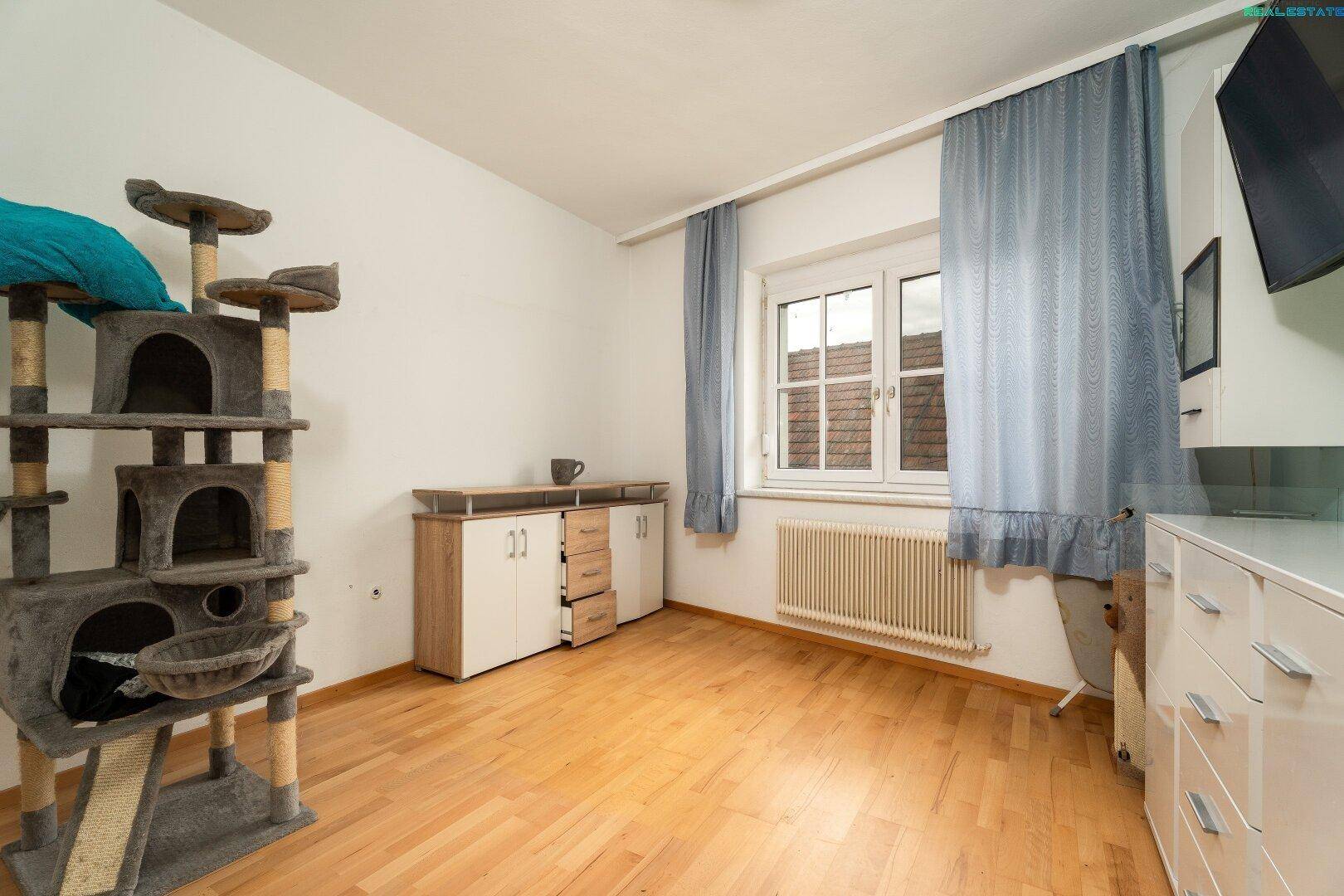 Helles Zimmer mit Holzfußboden, Fenster, Heizkörper und einem Kratzbaum für Katzen.