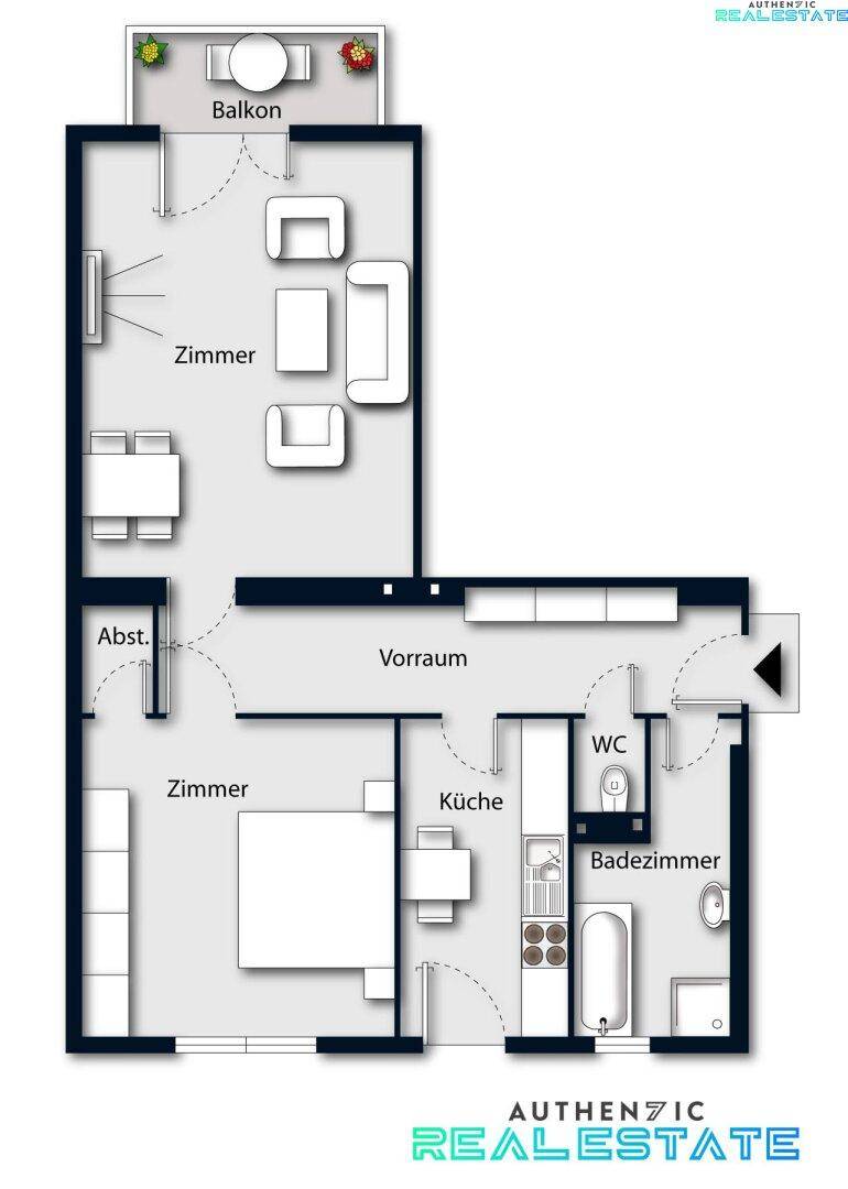 Grundriss einer Wohnung mit Wohn-Essbereich, Schlafzimmer, separater Küche, Bad, WC und Balkon.