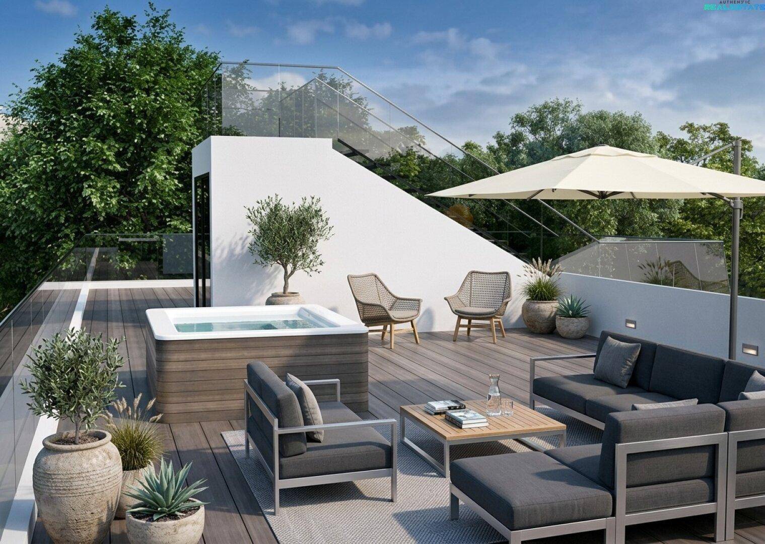 Geräumige Dachterrasse mit Whirlpool, bequemen Loungemöbeln und Sonnenschirm für Entspannung.