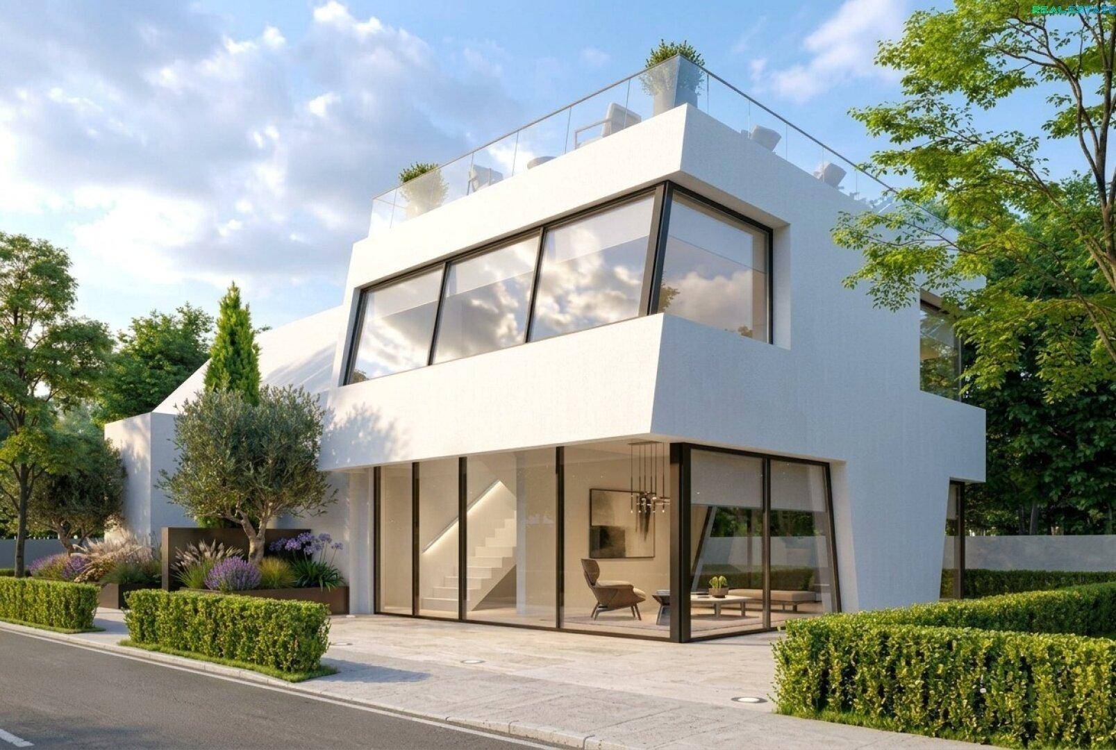 Moderne Architektur eines weißen Hauses mit großen Glasflächen und einer Dachterrasse.