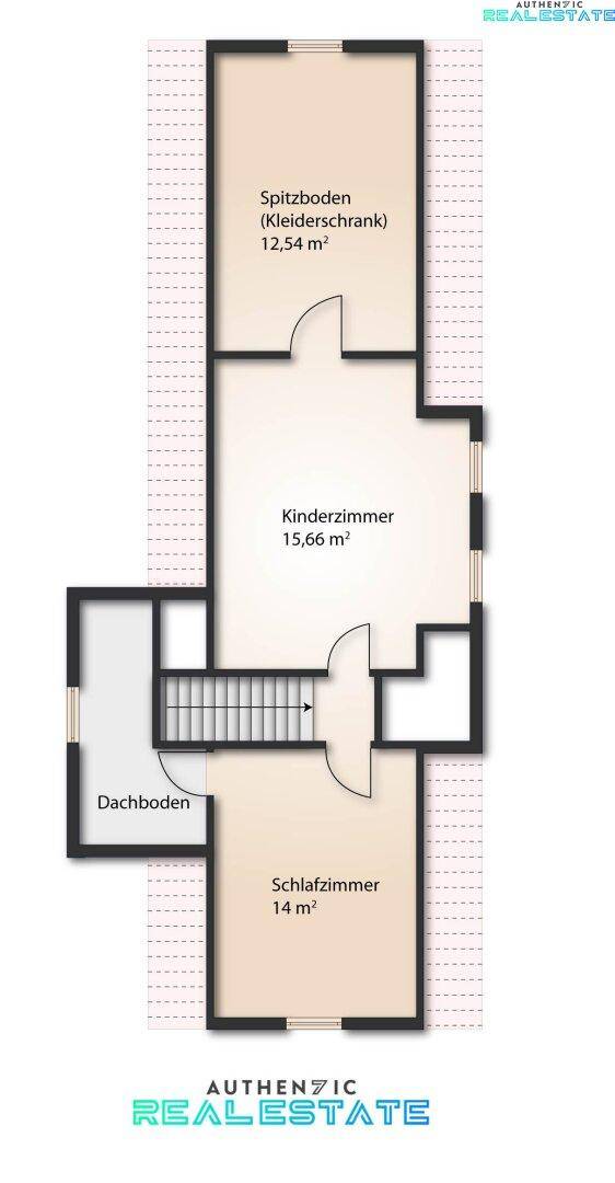 Grundriss des Obergeschosses mit Schlafzimmer, Kinderzimmer und Dachbodenbereich.