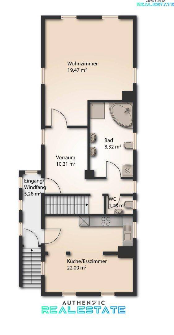 Grundriss des Erdgeschosses mit Wohnzimmer, Küche/Esszimmer, Bad, WC und Eingangsbereich.