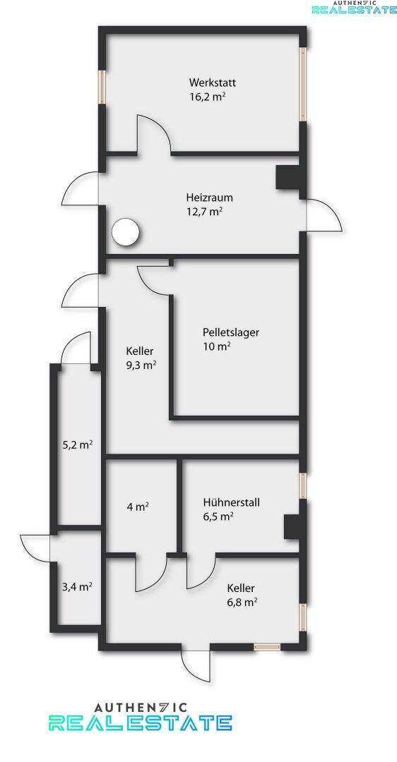 Grundriss des Untergeschosses mit Werkstatt, Heizraum, Pelletslager und mehreren Kellerräumen.