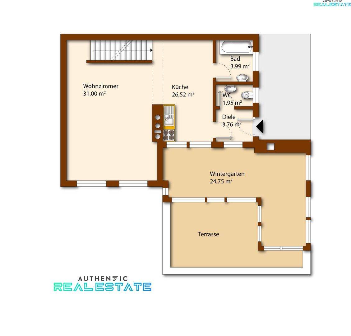 Grundriss des Erdgeschosses mit Wohnzimmer, Küche, Bad, separatem WC, Wintergarten und Terrasse.